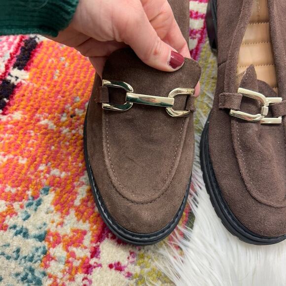 Kelly & Katie Brown Gold Chain Buckle Chunky Platform Leather Loafers 9 - Picture 4 of 11